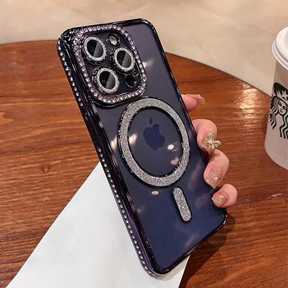 Glitter Diamond Transparent iPhone Case | Magnetic Wireless Charging Bumper Cover for iPhone 12–17 Pro Max & 16 Plus