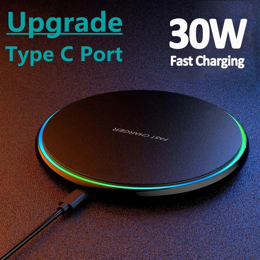 30W Wireless Charger Pad | Fast Charging Dock for iPhone 12–15, Samsung S22–S23, Xiaomi & Huawei