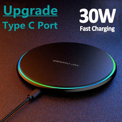 30W Wireless Charger Pad | Fast Charging Dock for iPhone 12–15, Samsung S22–S23, Xiaomi & Huawei