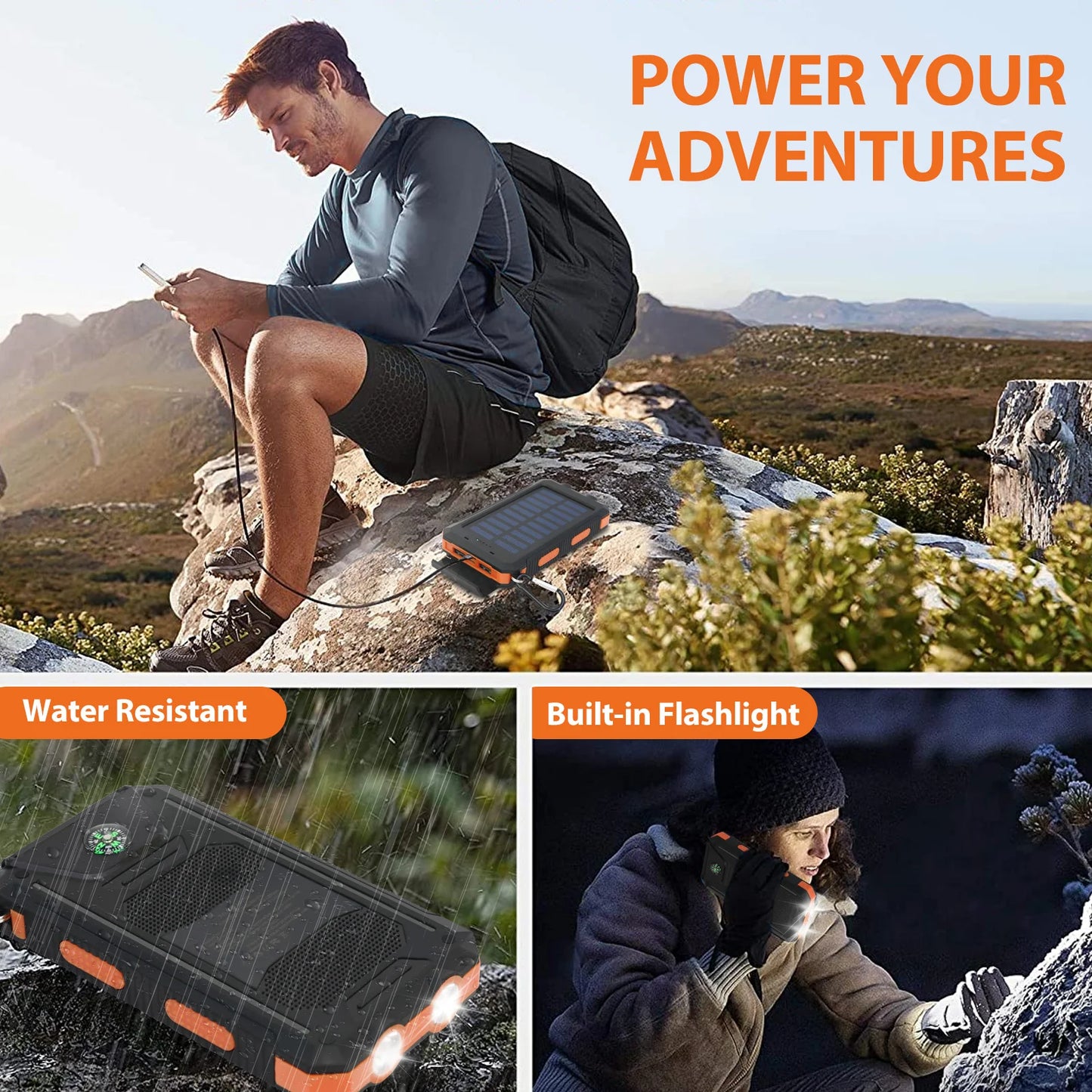20000mAh Solar Power Bank | Portable Waterproof Charger with Dual USB & LED Flashlight for iPhone & Cell Phones