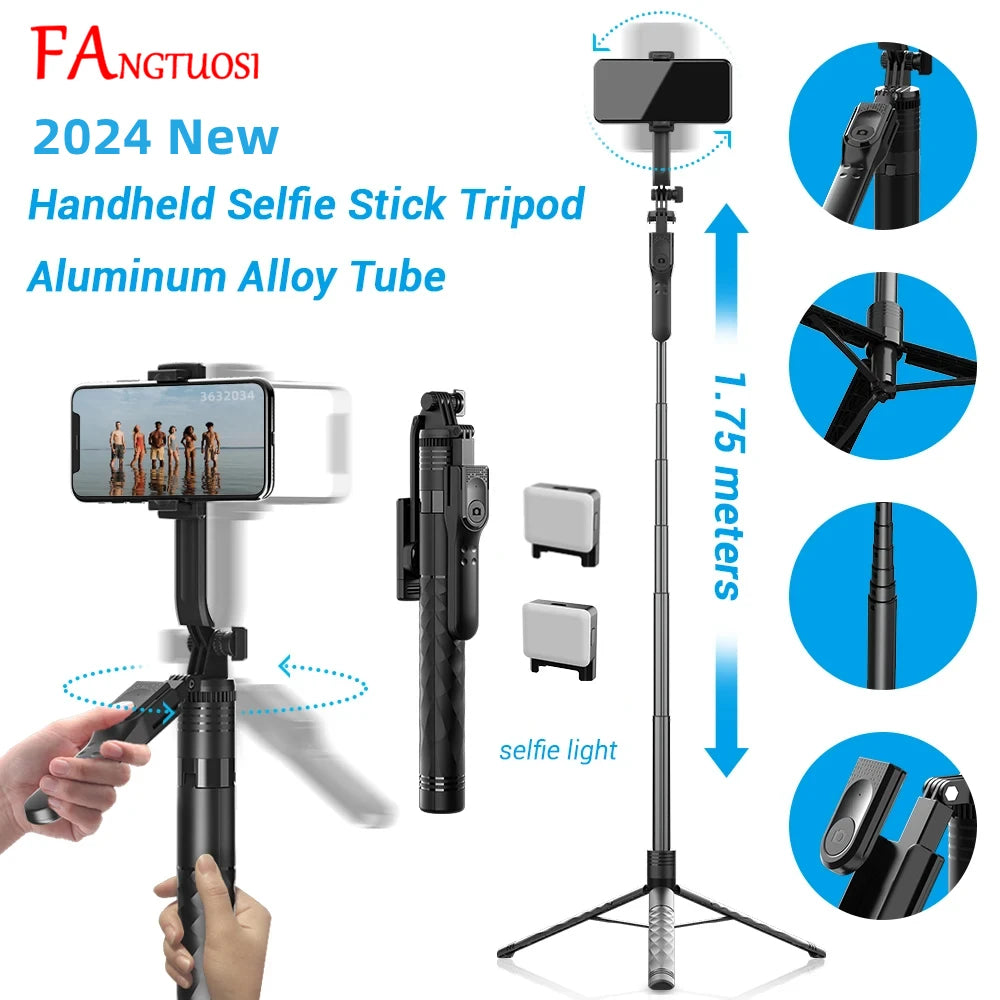 FANGTUOSI 1750mm Wireless Selfie Stick Tripod | Foldable Monopod with LED Light for Smartphones & Steady Live Shooting