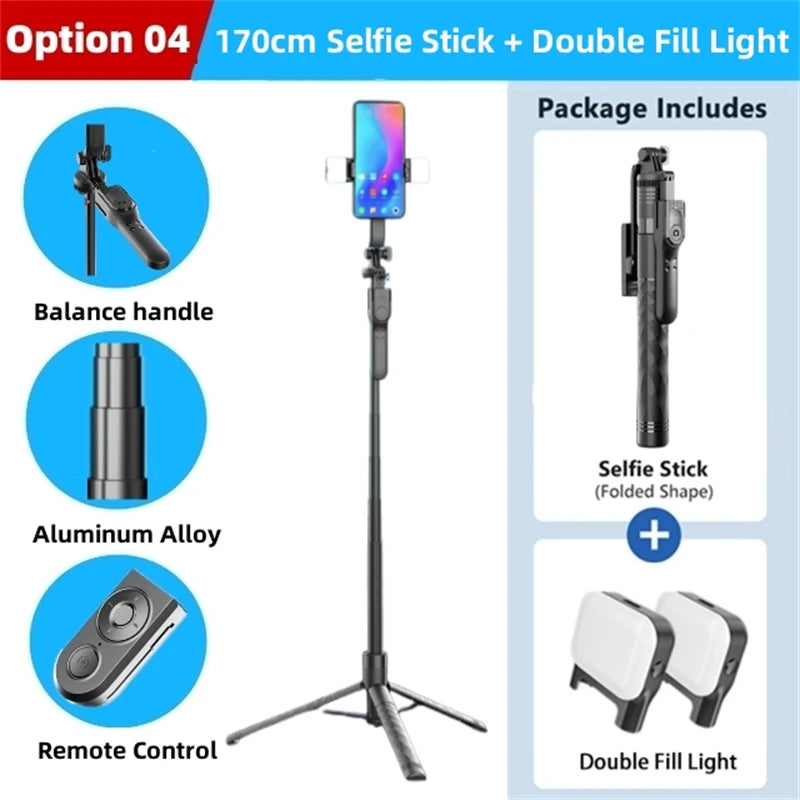 FANGTUOSI 1750mm Wireless Selfie Stick Tripod | Foldable Monopod with LED Light for Smartphones & Steady Live Shooting