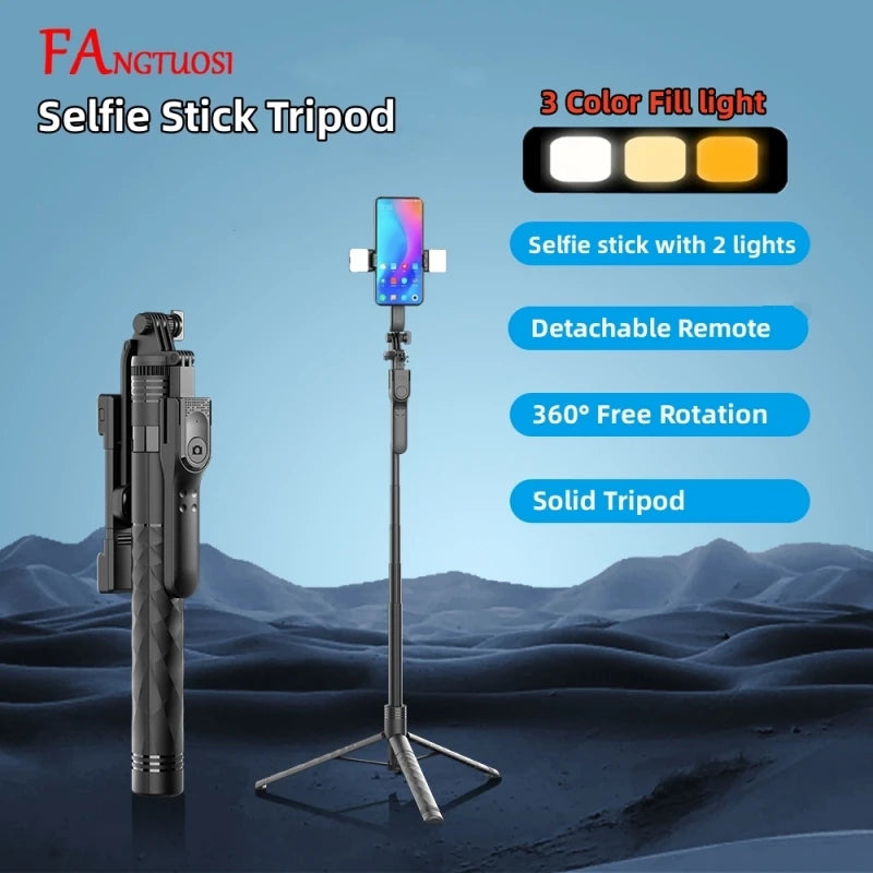 FANGTUOSI 1750mm Wireless Selfie Stick Tripod | Foldable Monopod with LED Light for Smartphones & Steady Live Shooting