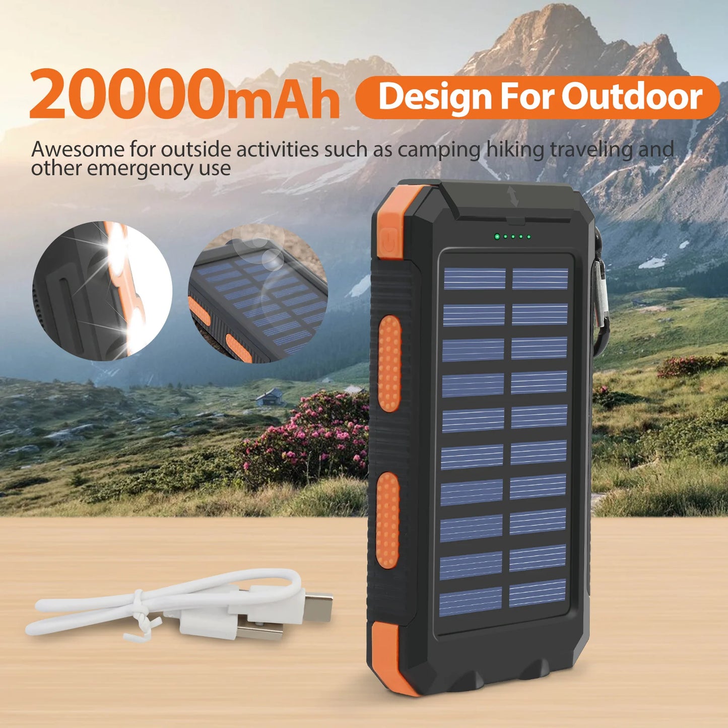 20000mAh Solar Power Bank | Portable Waterproof Charger with Dual USB & LED Flashlight for iPhone & Cell Phones