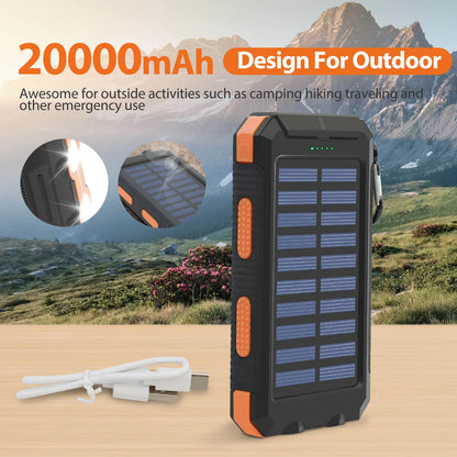20000mAh Solar Power Bank | Portable Waterproof Charger with Dual USB & LED Flashlight for iPhone & Cell Phones