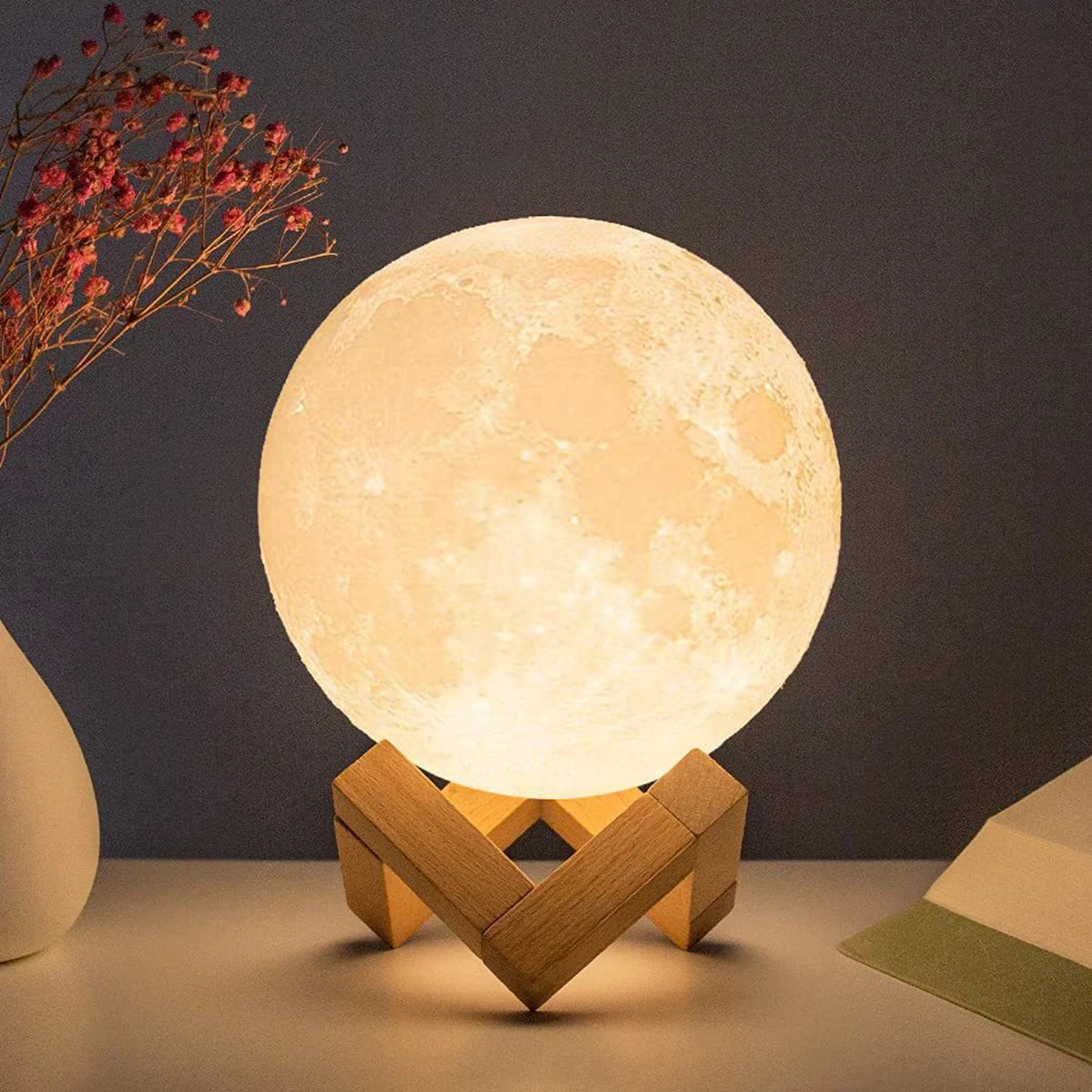 8cm Moon Lamp LED Night Light with Stand | Starry Battery-Powered Bedroom Decor Lamp for Kids & Home Gifts