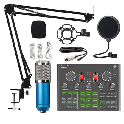 Microphone setup with blue condenser microphone, stand, pop filter, and control panel on a white background.