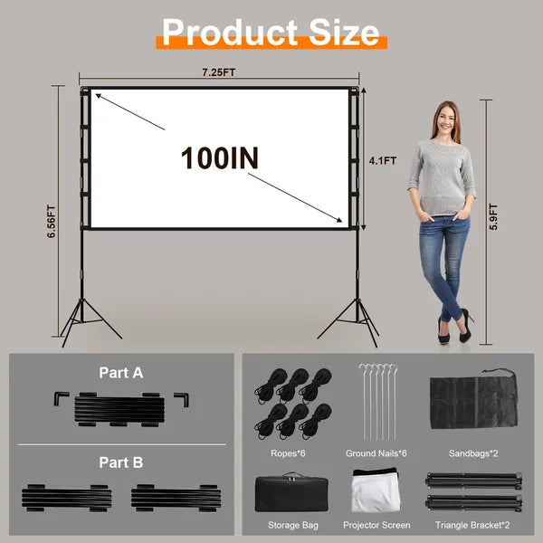 100"/120" Projector Screen with Stand | 16:9 4K HD Foldable Portable Movie Screen with Carry Bag