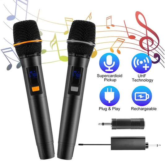 UHF Rechargeable Wireless Microphones | Metal Handheld Dynamic Mics with 262FT Range for Karaoke, DJ, Wedding & Outdoor Events