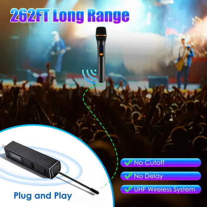 UHF Rechargeable Wireless Microphones | Metal Handheld Dynamic Mics with 262FT Range for Karaoke, DJ, Wedding & Outdoor Events