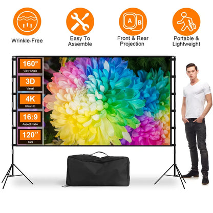100"/120" Projector Screen with Stand | 16:9 4K HD Foldable Portable Movie Screen with Carry Bag