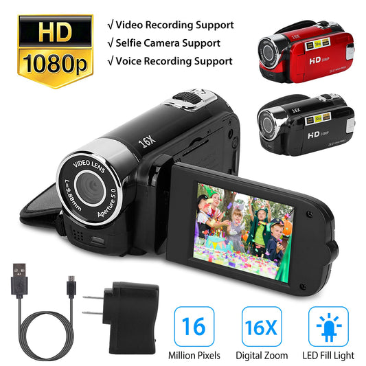 HD 1080P Digital Video Camcorder | 2.7" Screen, 16X Zoom, 270° Rotating Kid Camera with Fill Light & Rechargeable Battery (Black-Red)