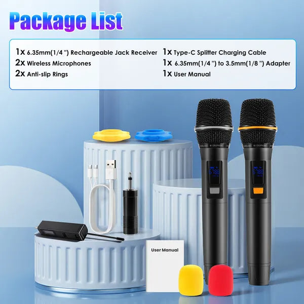 UHF Rechargeable Wireless Microphones | Metal Handheld Dynamic Mics with 262FT Range for Karaoke, DJ, Wedding & Outdoor Events