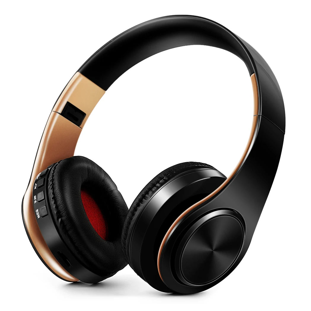 Black and bronze headphones on a white background